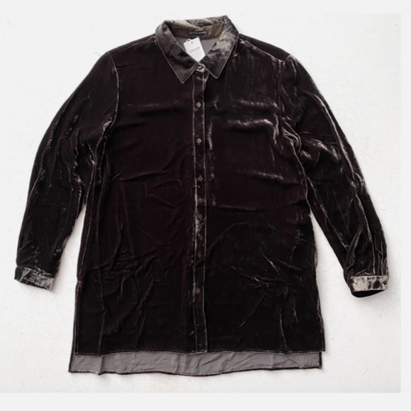 Eileen Fisher Nwt Classic Collar Long Sleeve Shirt Button Up Woodland Velvet